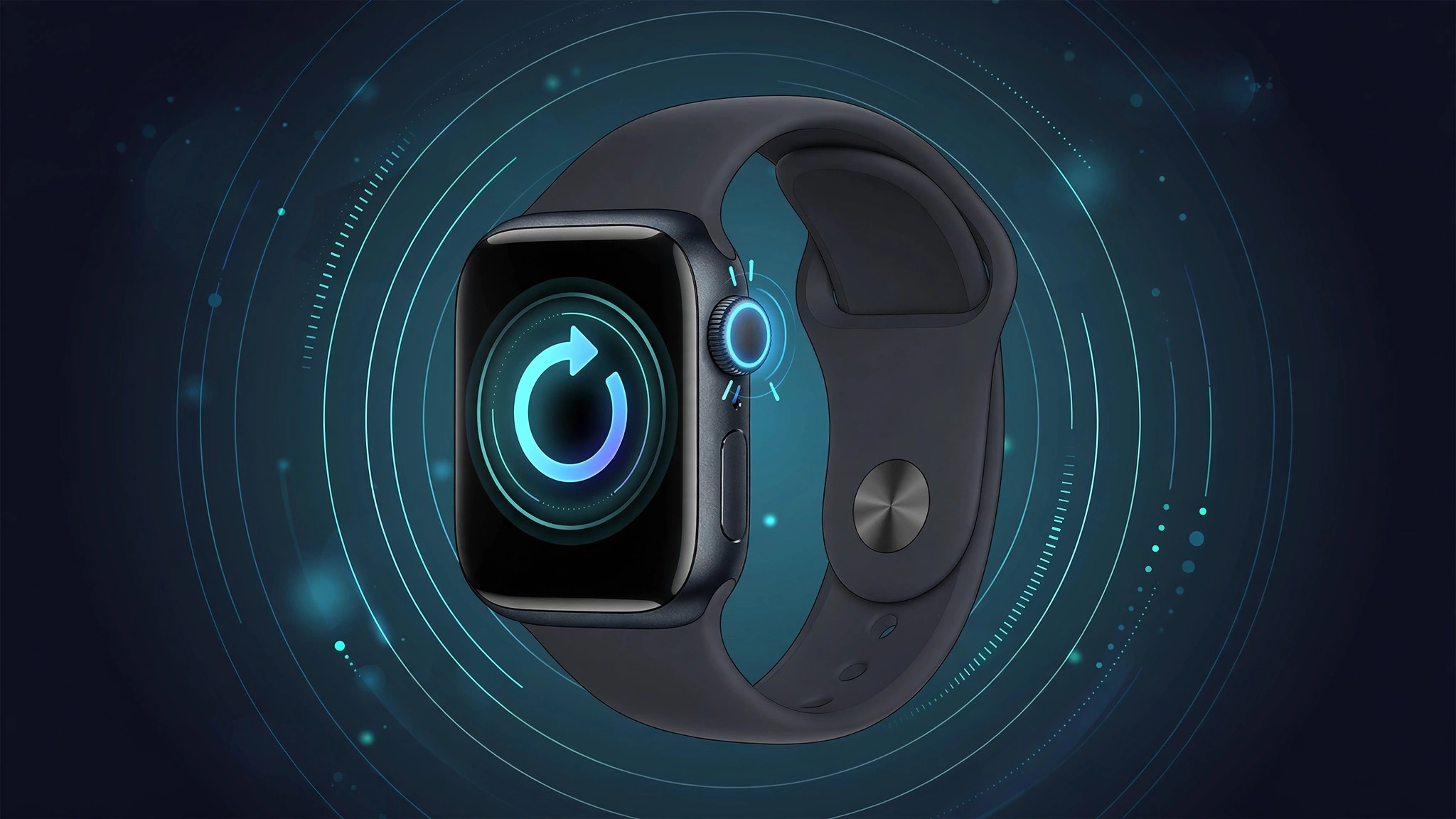 Apple Watch showing side button and Digital Crown for restart methods