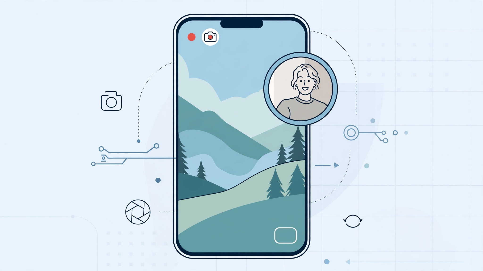 iPhone showing dual-camera recording with front and rear camera feeds in a third-party app