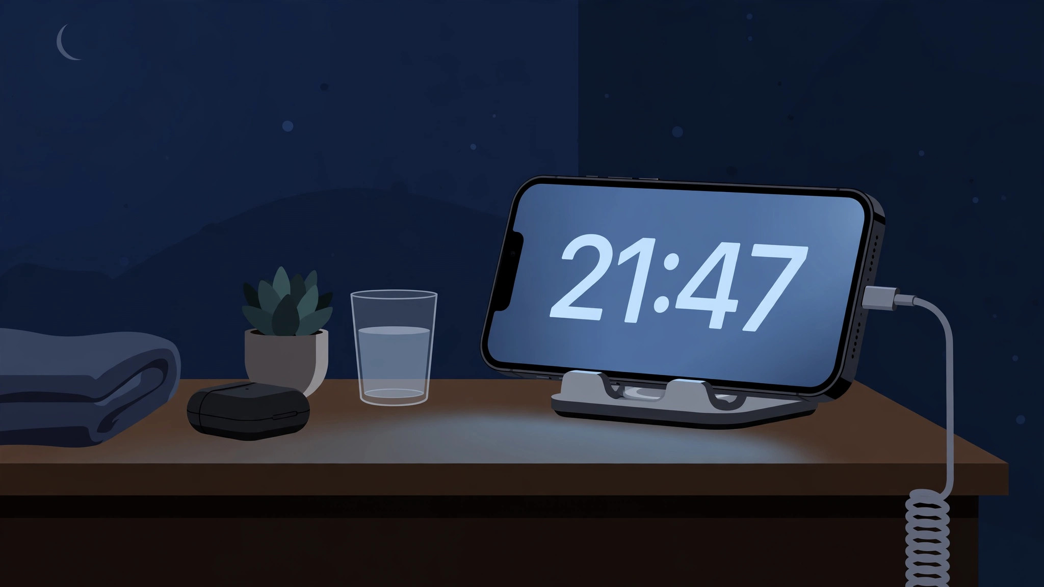 iPhone in StandBy mode on a nightstand displaying the clock with notification previews hidden for privacy