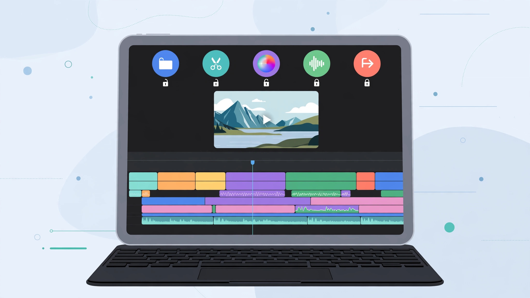 iPad showing DaVinci Resolve with Bluetooth keyboard unlocking all desktop tabs