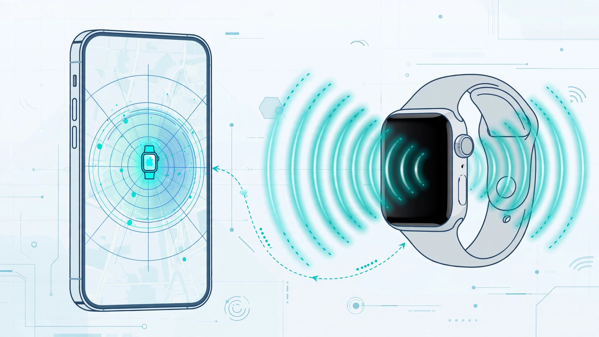Apple Watch next to an iPhone showing the Find My app with the Play Sound option to locate the watch