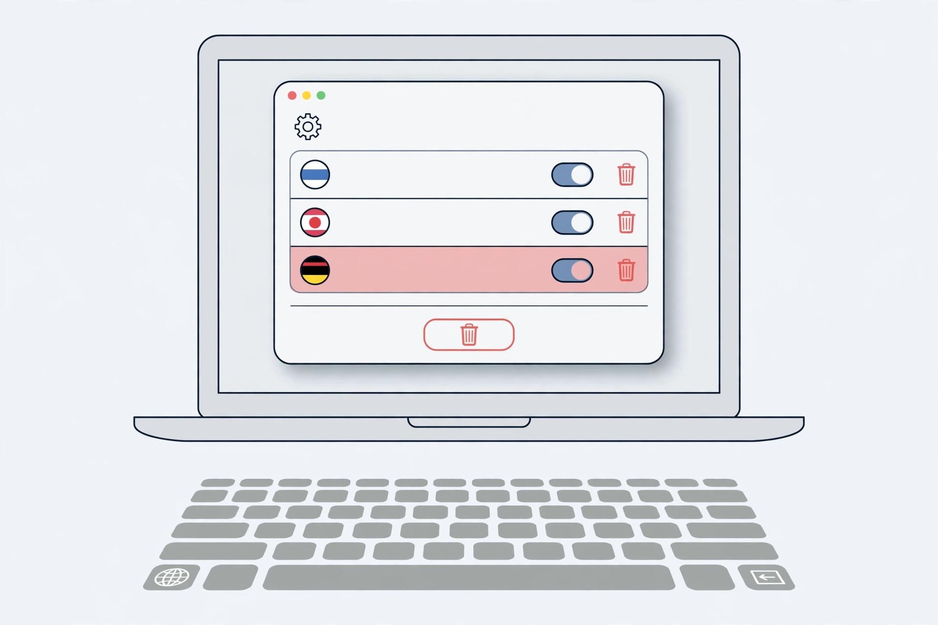 macOS Sonoma Keyboard settings showing input sources with Japanese Romaji added and English selected for removal