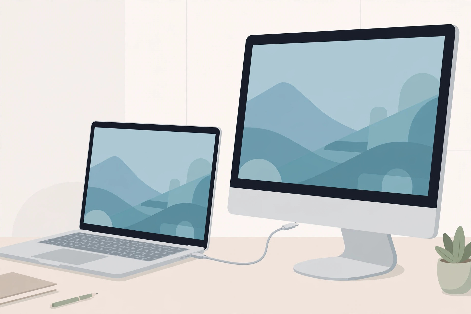 An iMac connected via Thunderbolt cable being used as an external display for a MacBook