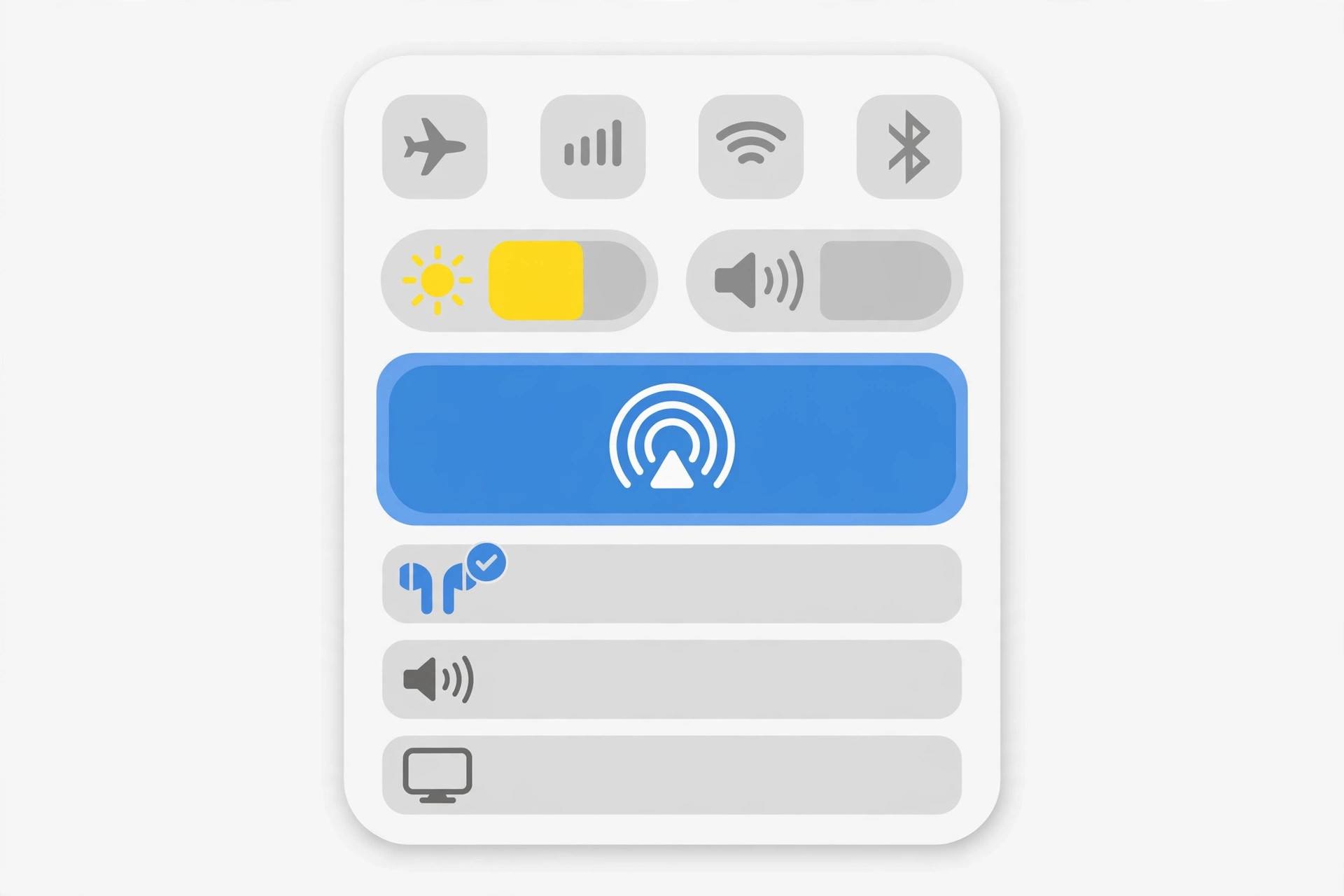 iPhone Control Center with the AirPlay audio output picker open showing available speakers and headphones