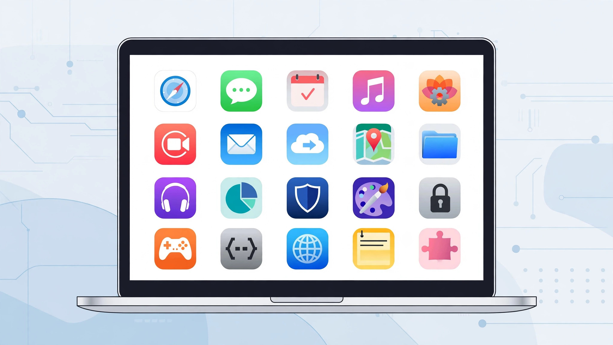 Illustration of the installed apps list in macOS 26 opened with a Hot Corner