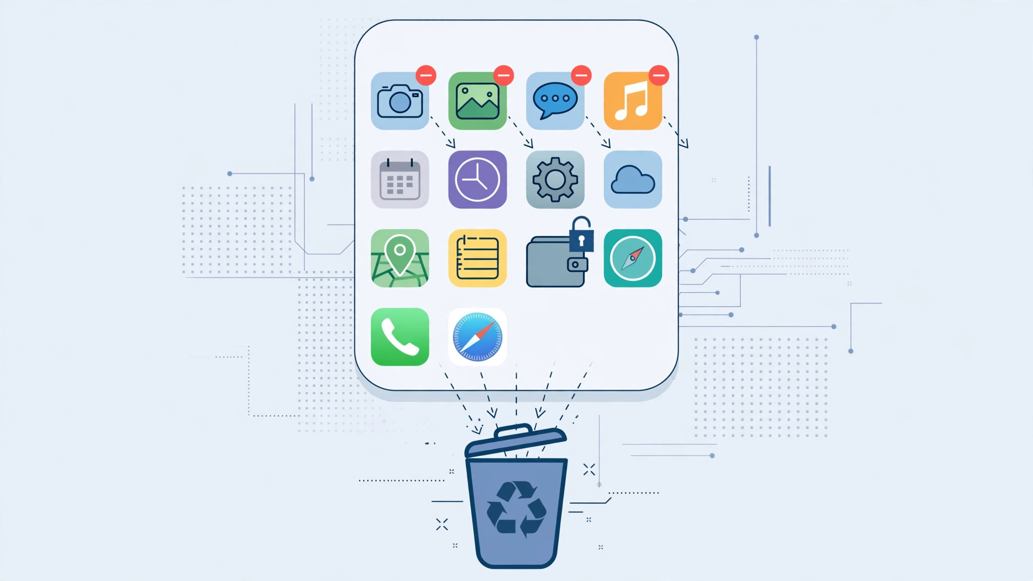 Illustration of built-in iPhone apps that can be deleted or must stay