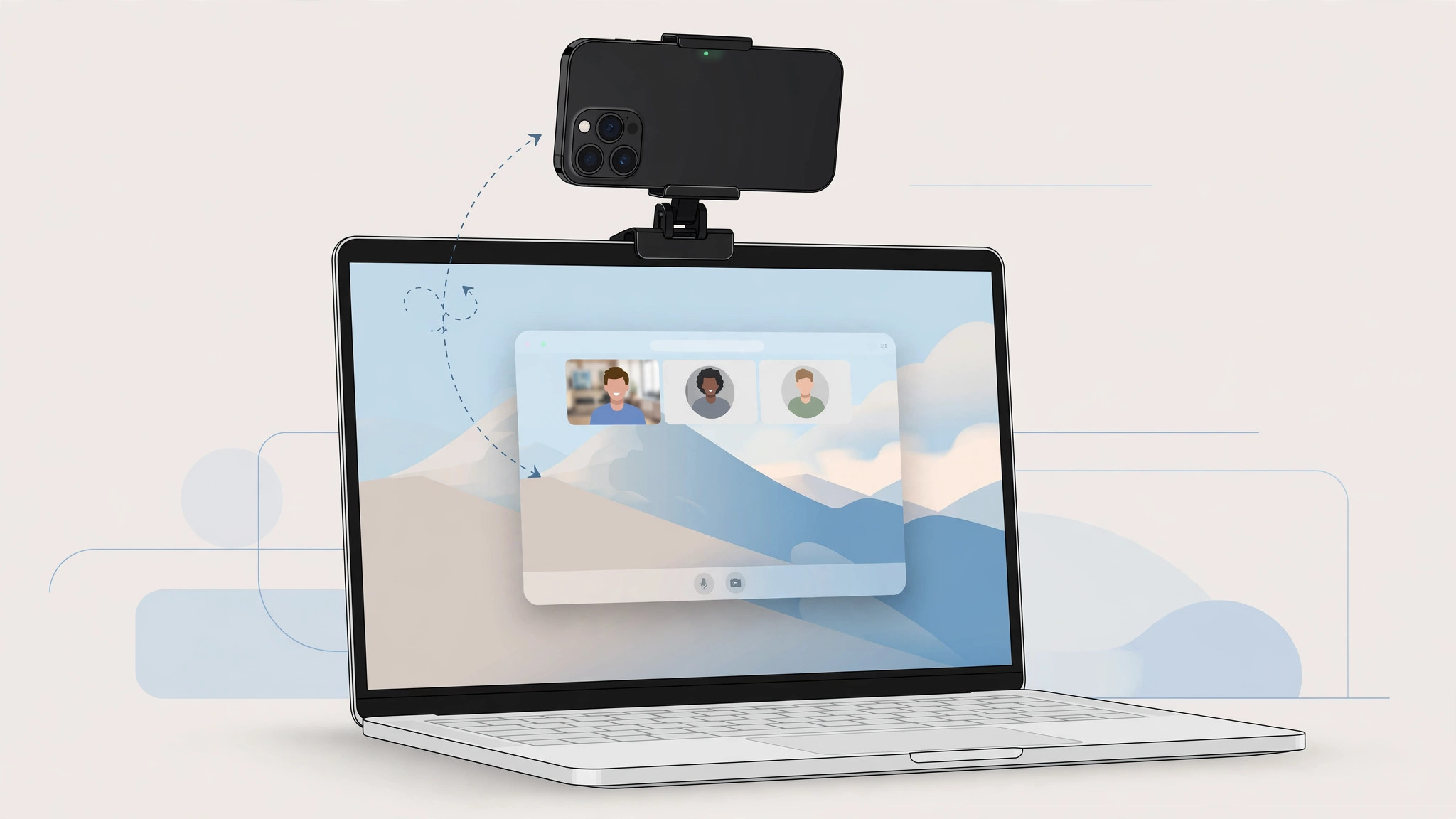 iPhone mounted on top of a Mac display acting as a webcam via Continuity Camera