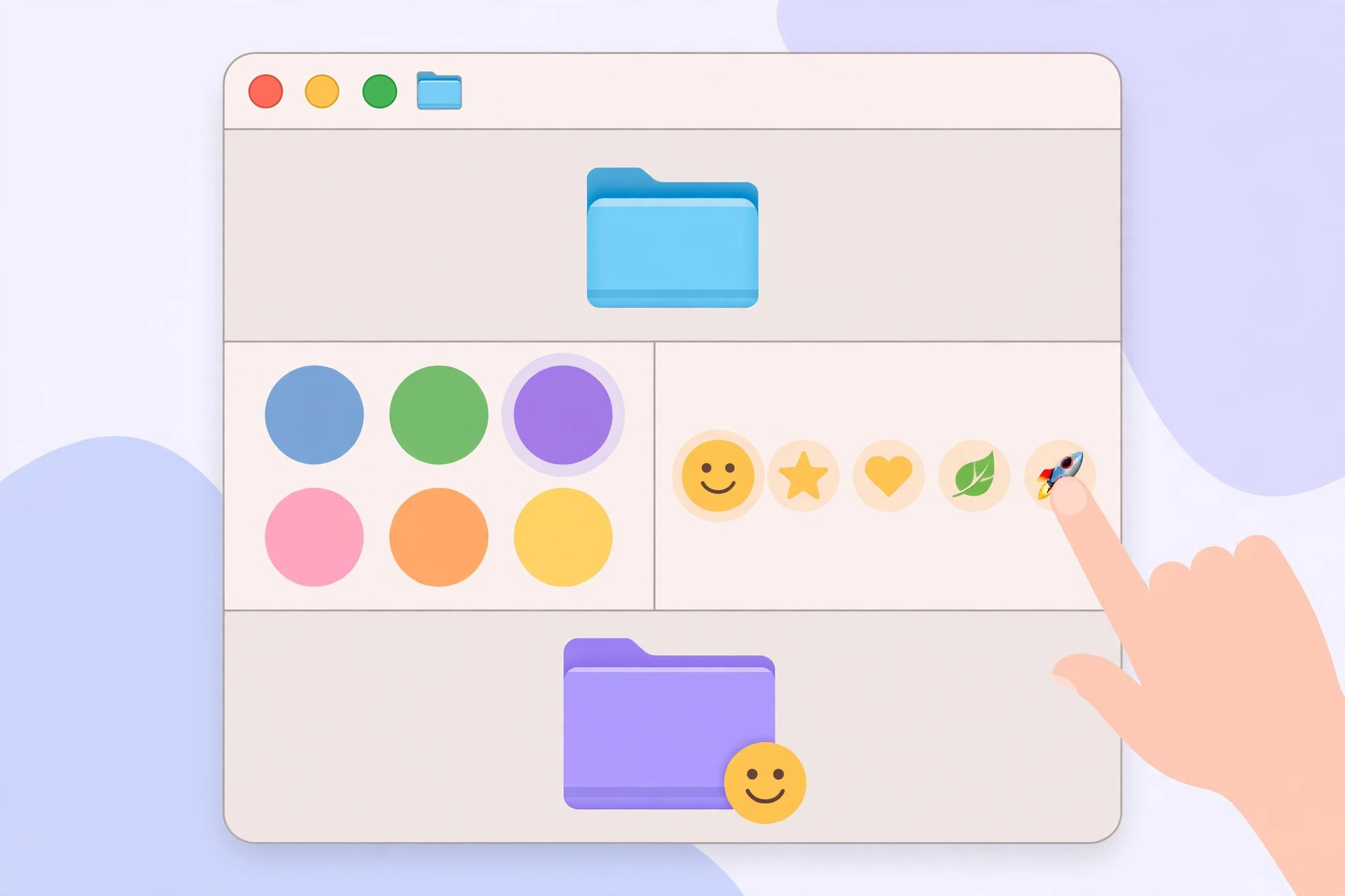 Customize Folder panel in macOS 26 Tahoe showing color swatches and emoji options for a Finder folder
