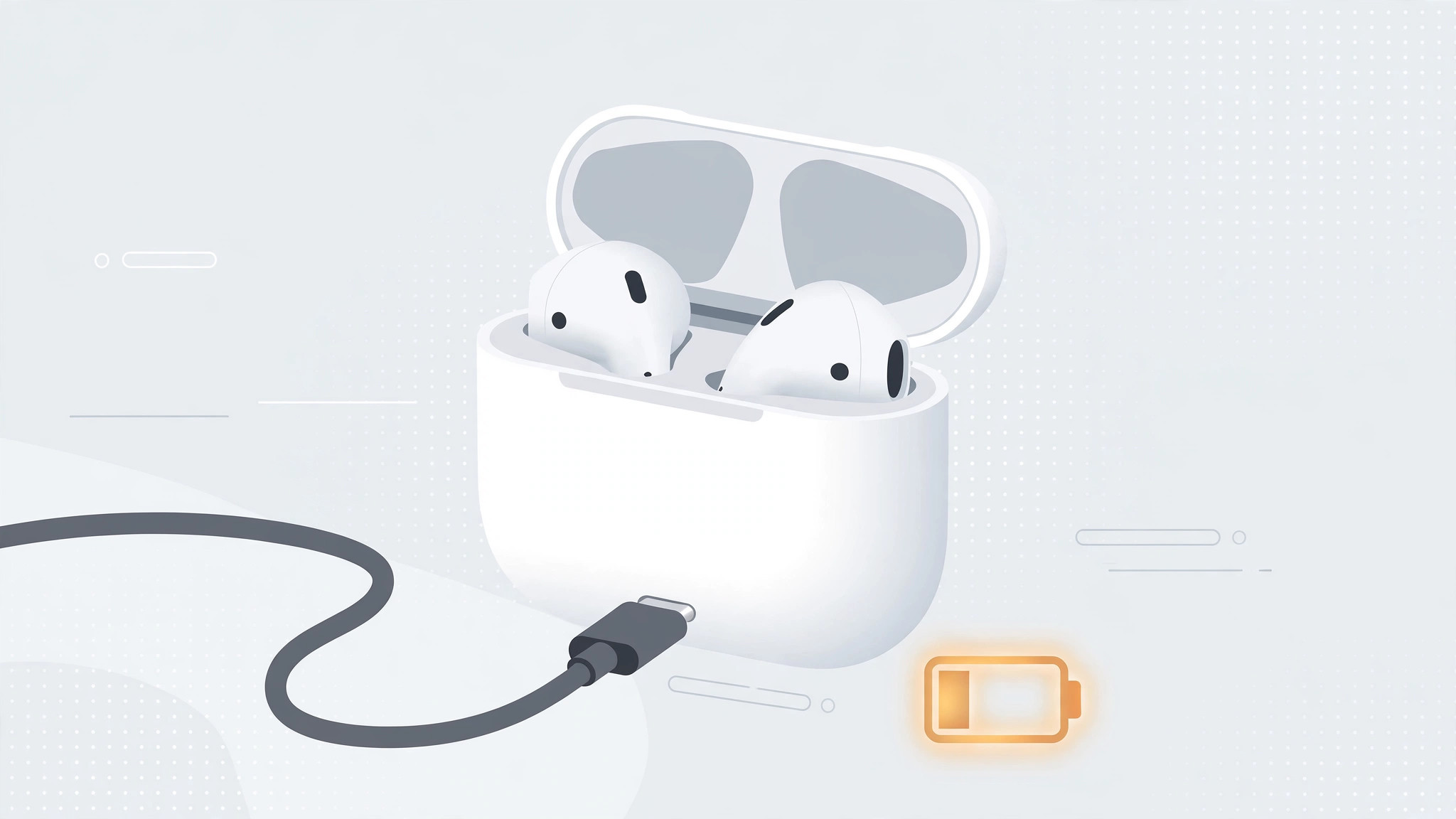 AirPods charging case connected to a cable with the status light visible