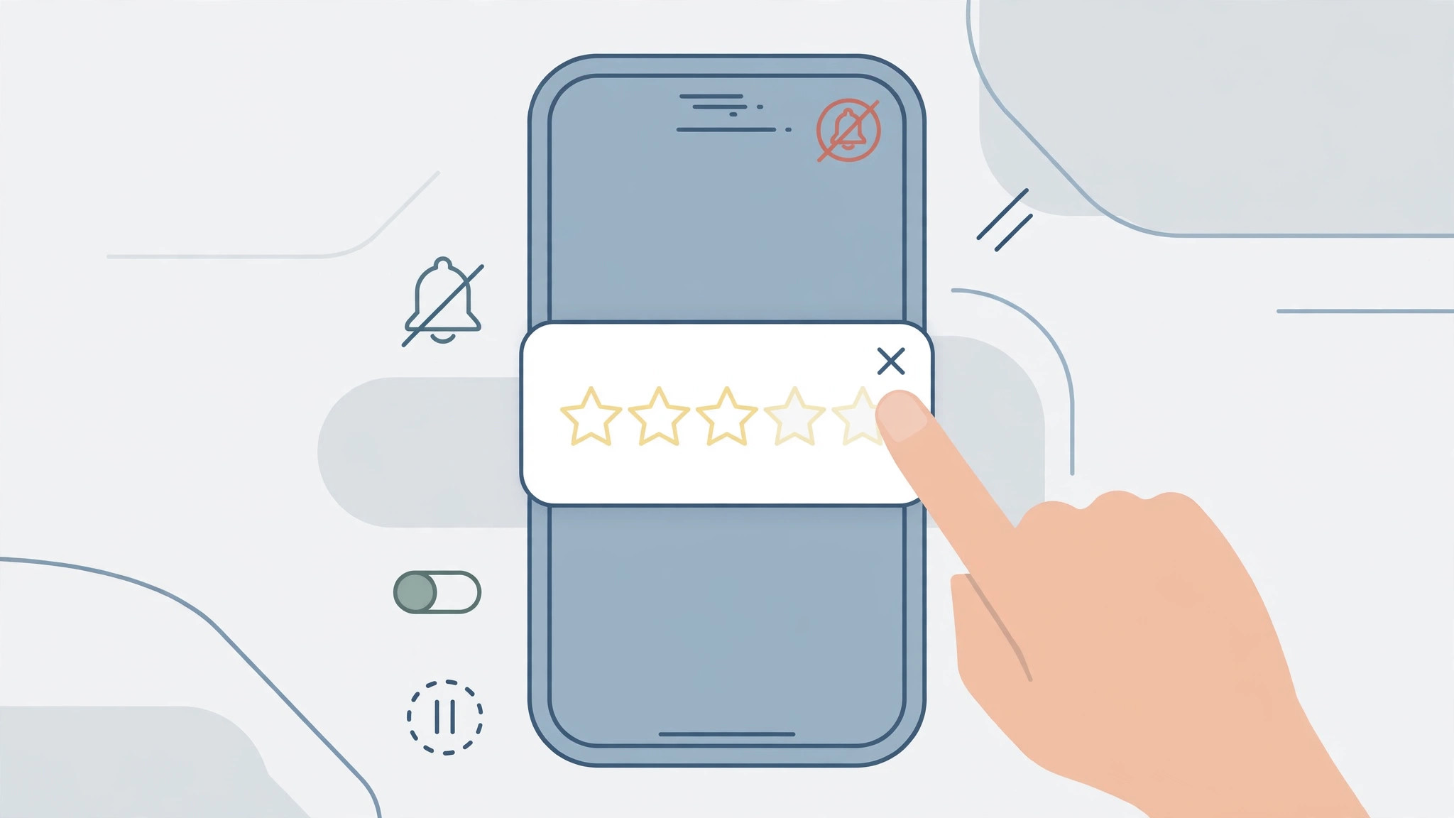 iPhone screen showing a review-rating prompt pop-up that the App Store settings switch can silence