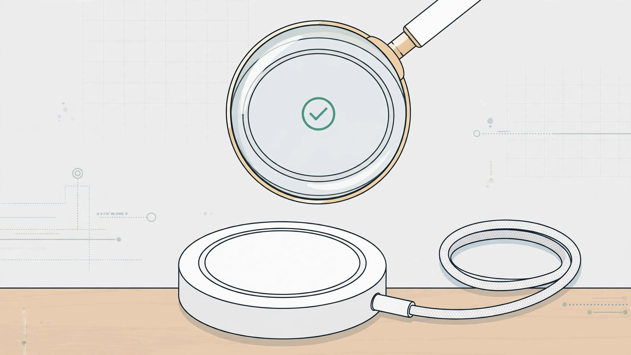 Illustration of a MagSafe charger puck beside an iPhone, with a magnifying glass highlighting authenticity details