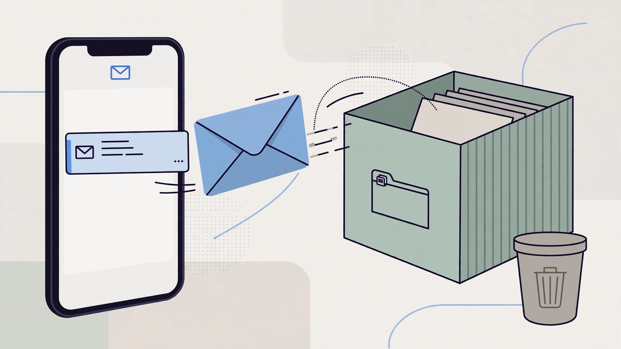 iPhone Mail app illustration showing emails being moved between Archive and Trash mailboxes