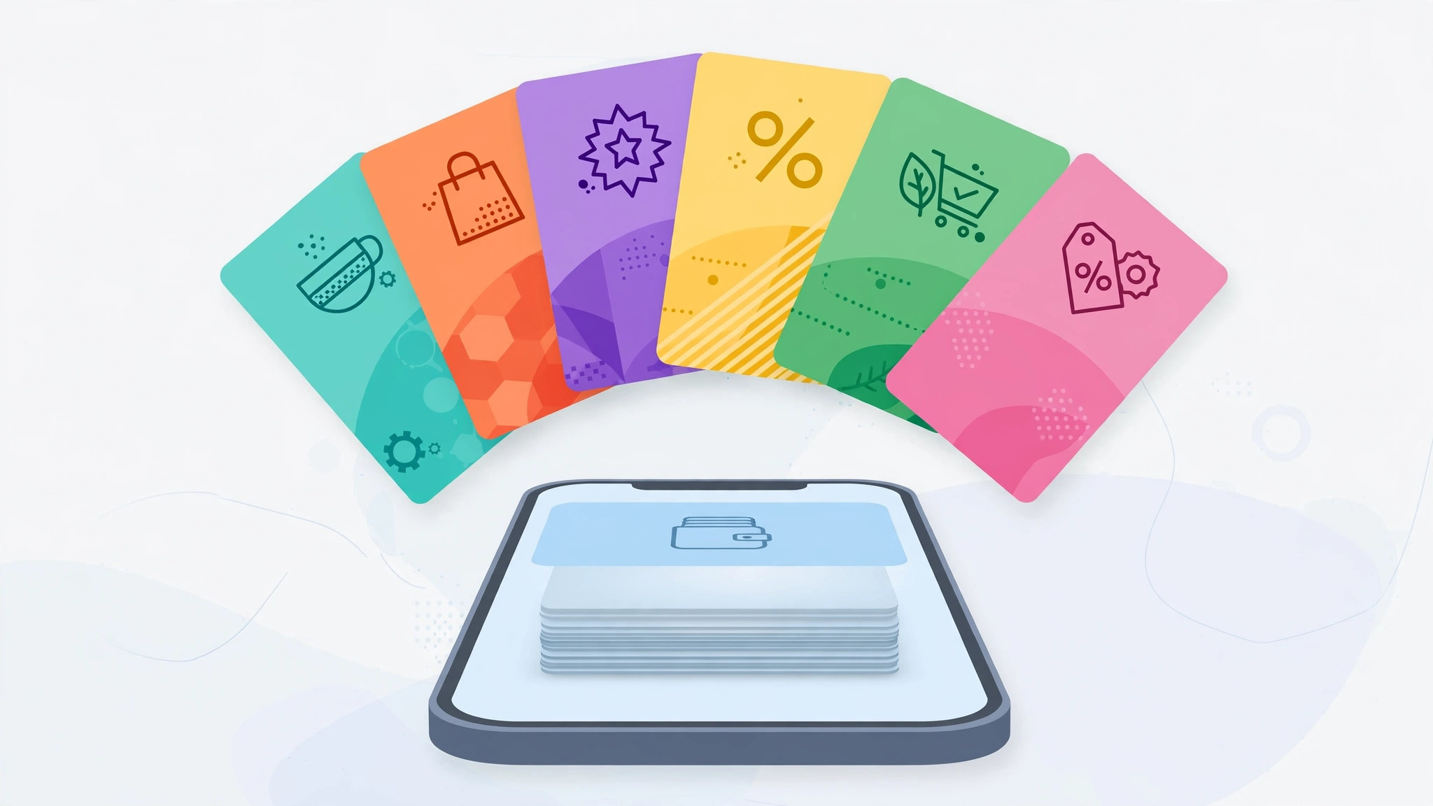 Illustration of loyalty and discount cards fanning out above an iPhone in a digital wallet app