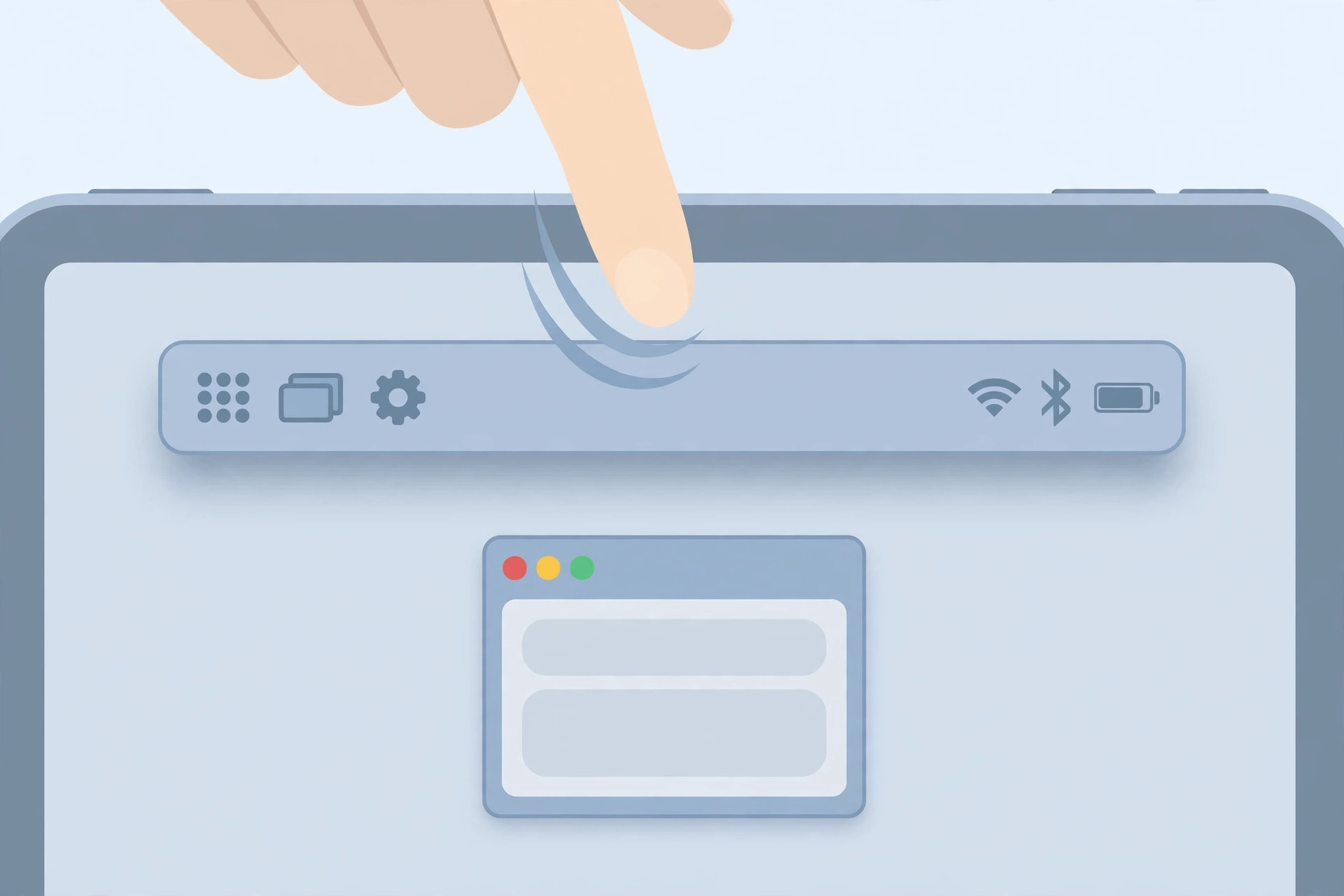 iPad screen showing the app menu bar sliding down from the top edge in iPadOS 26 with a search field for finding commands