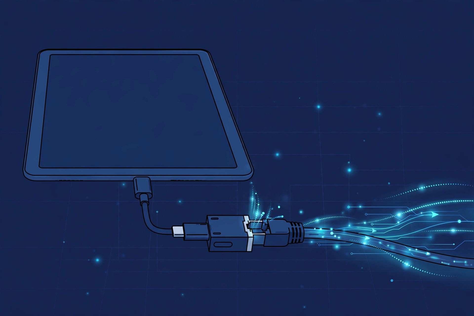 iPad connected to a wired network with a LAN cable through a USB-C Ethernet adapter