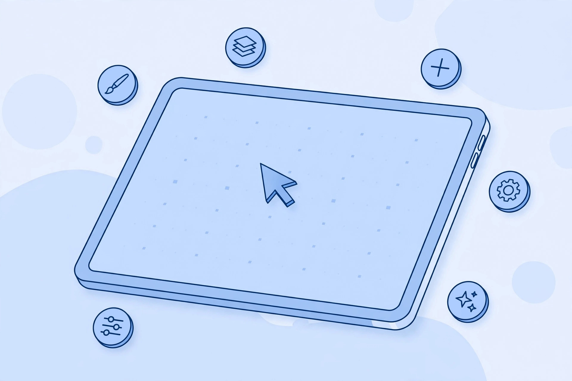 Illustration of an iPad with a mouse pointer and customizable action icons for mouse buttons around it
