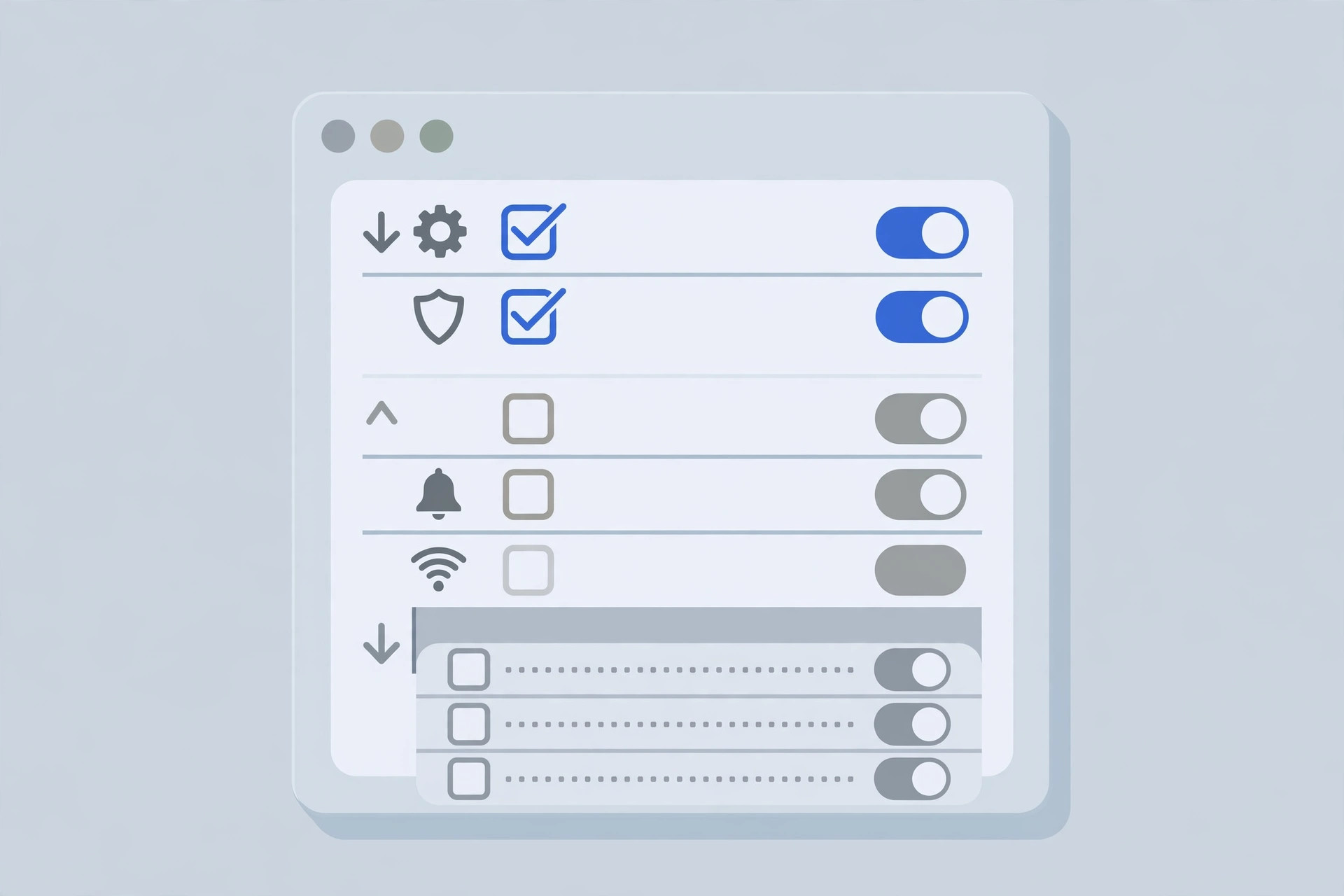 Illustration of the macOS System Settings Customize list with checkboxes to show or hide settings panes