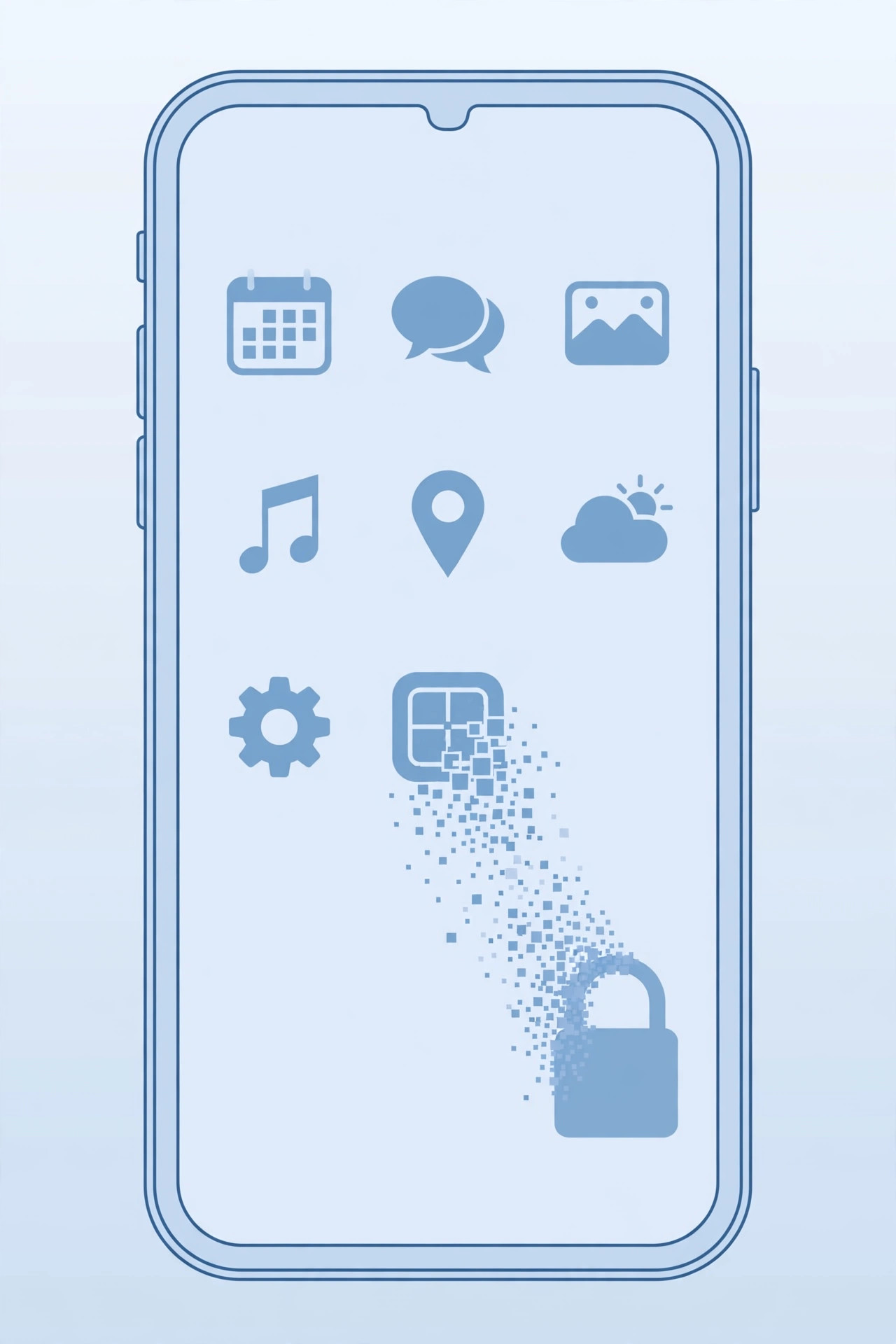 Illustration of an iPhone with an app icon dissolving into pixels toward a lock, representing hiding an iPhone app