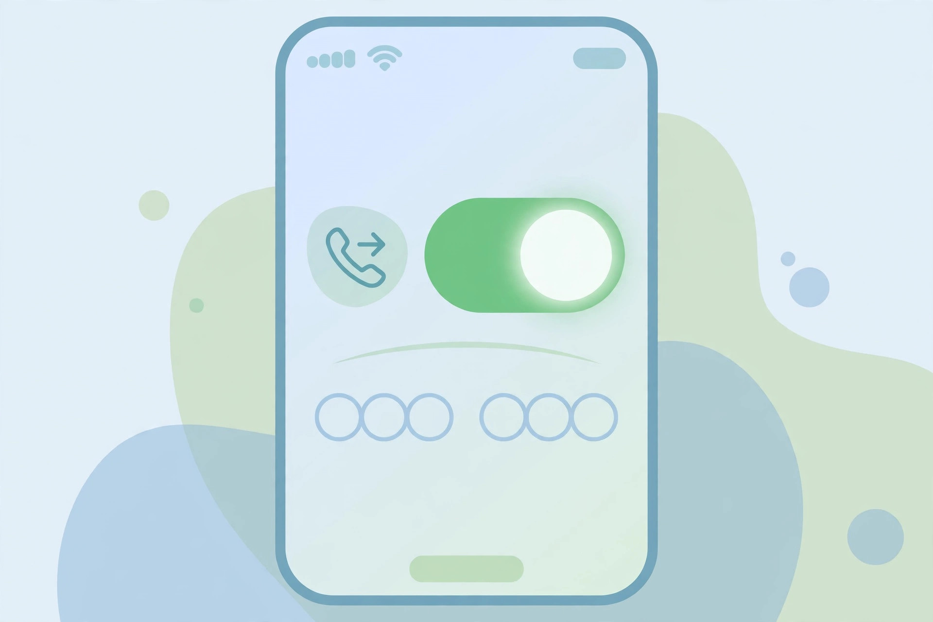Illustration of an iPhone showing the Call Forwarding settings screen, with an arrow redirecting an incoming call to another phone