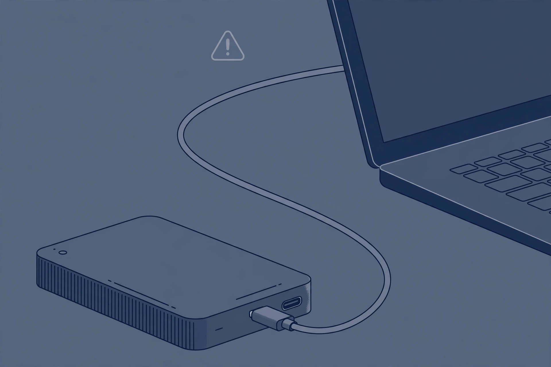 Illustration of a Mac with an external SSD connected by cable, with a drive icon appearing on the desktop