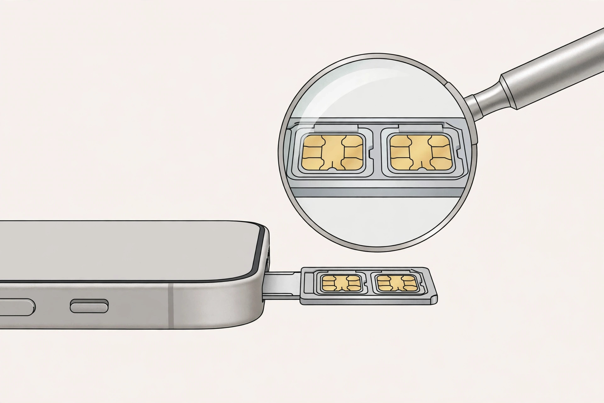 Illustration of an iPhone with the SIM tray ejected, magnified to reveal two nano-SIM slots