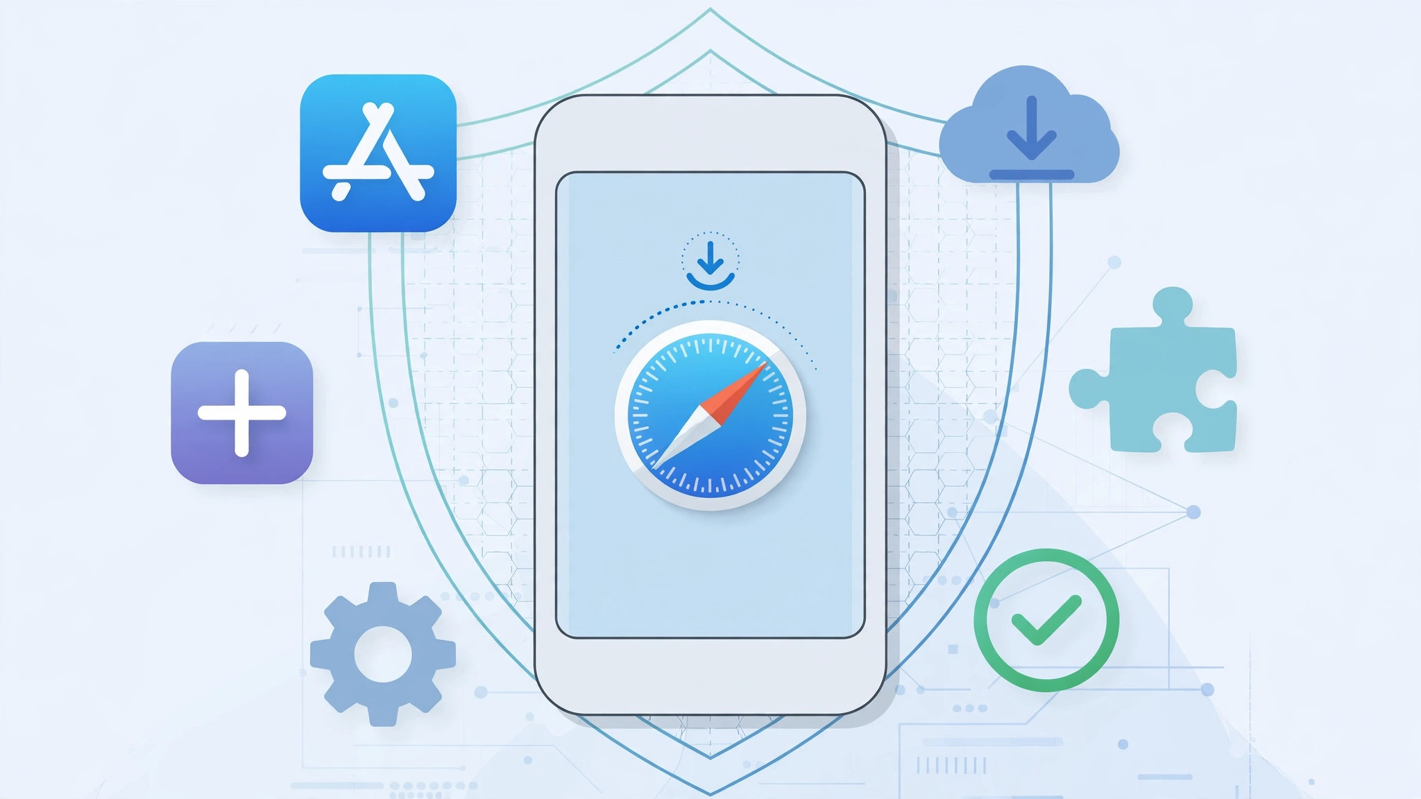 iPhone with Safari icon and a shield, illustrating safe app installs through Safari