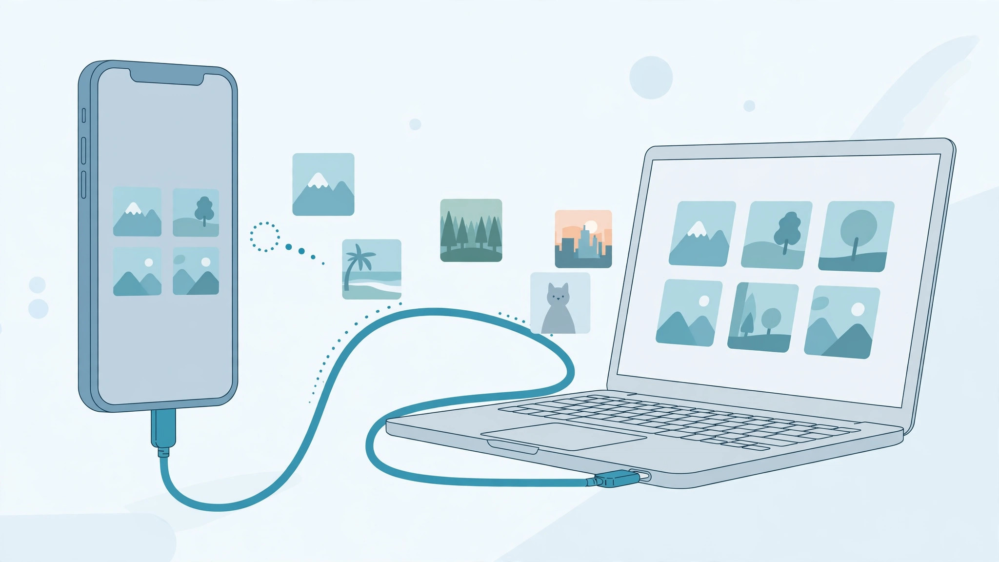 iPhone connected to a laptop with photos moving between them, illustrating photo transfer to a computer