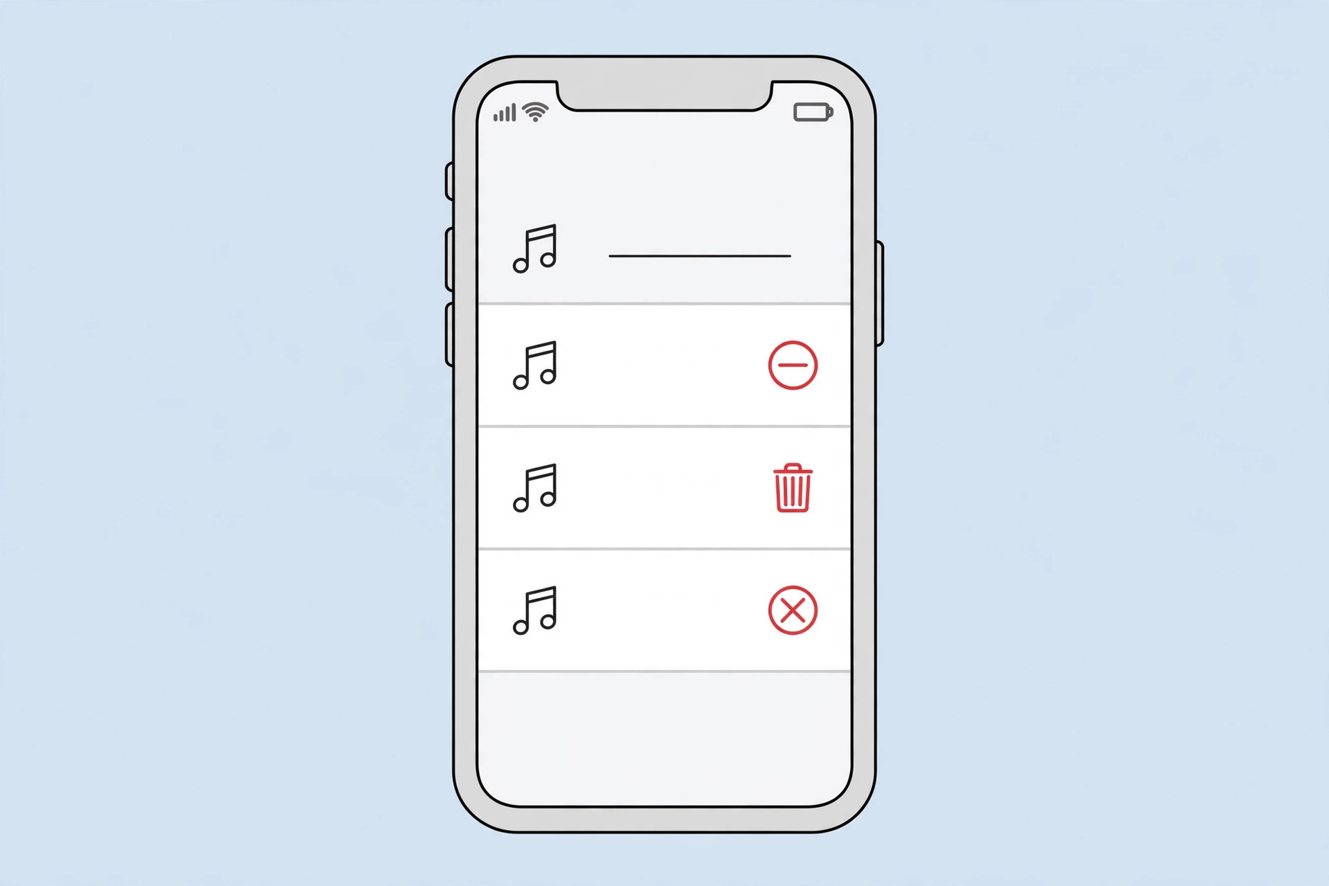 Swiping left on a downloaded ringtone in iPhone Settings to reveal the Delete button