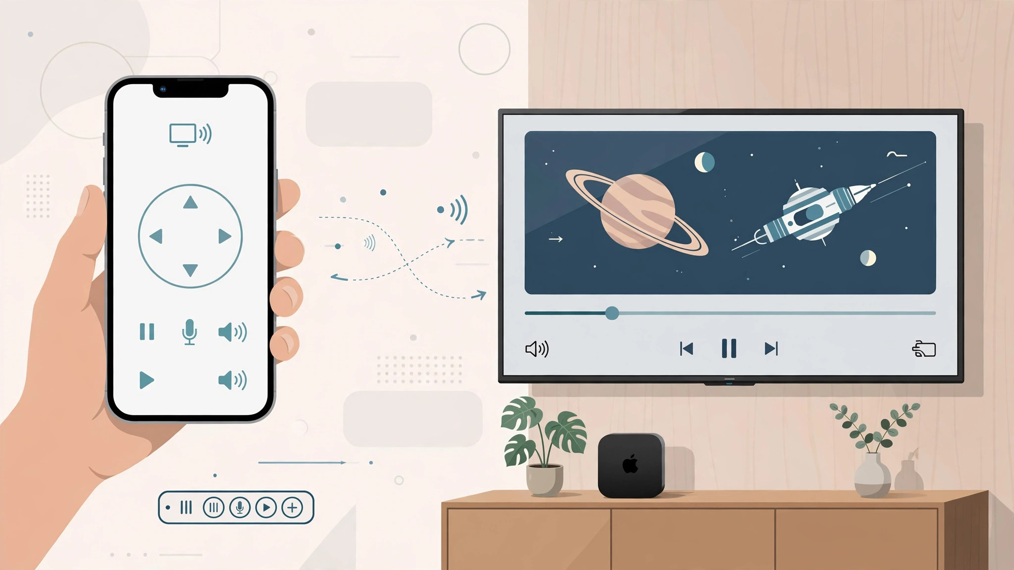 Apple TV Remote on iPhone screen next to Apple TV, showing remote control