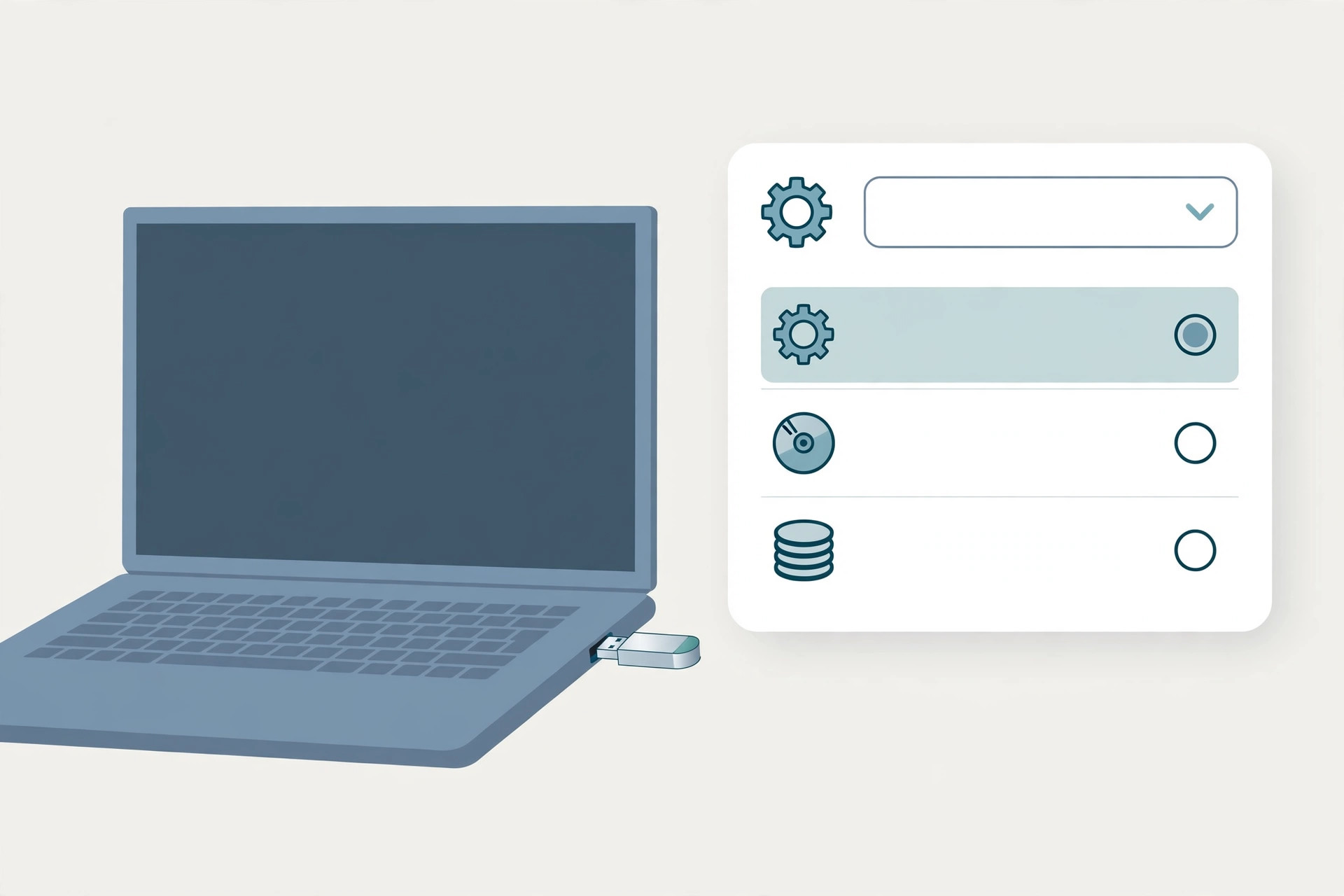 Illustration of a USB flash drive shared between a MacBook and a Windows laptop