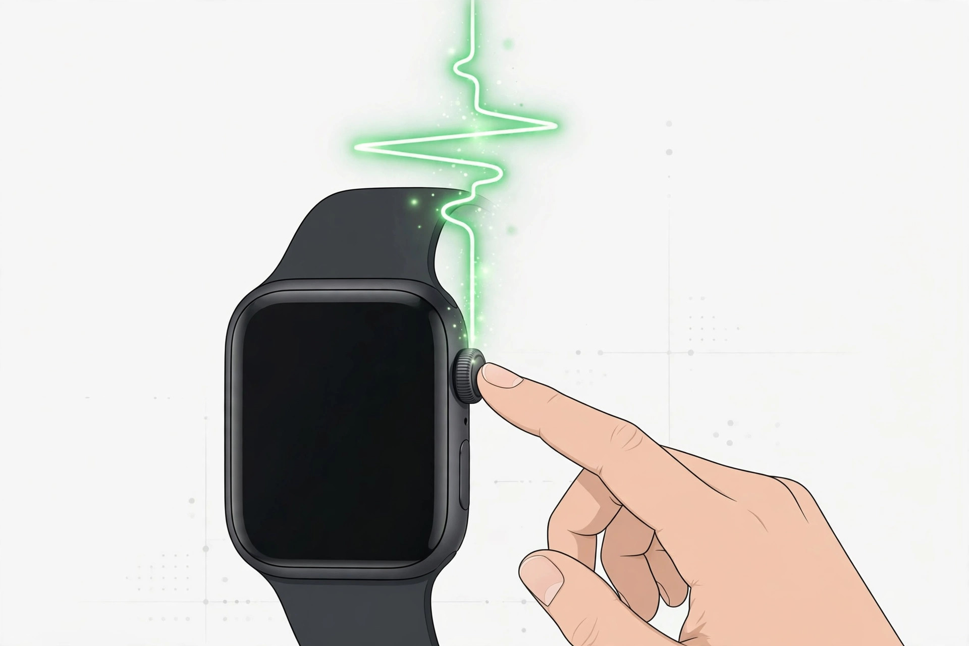 Illustration of an Apple Watch displaying an ECG-style heart reading beside an iPhone