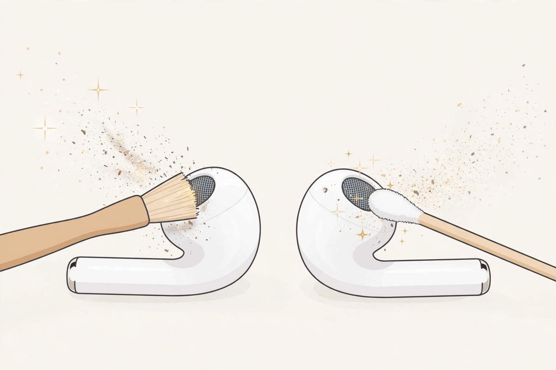 Illustration of AirPods earbuds with sound waves fading from one side