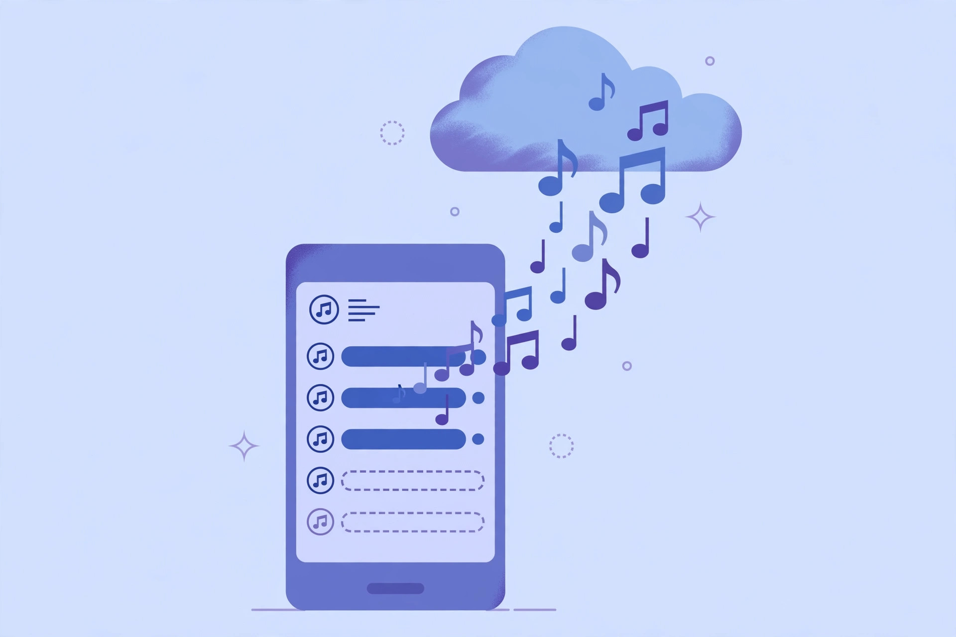 Illustration of an iPhone showing the Apple Music app with a restored music library.