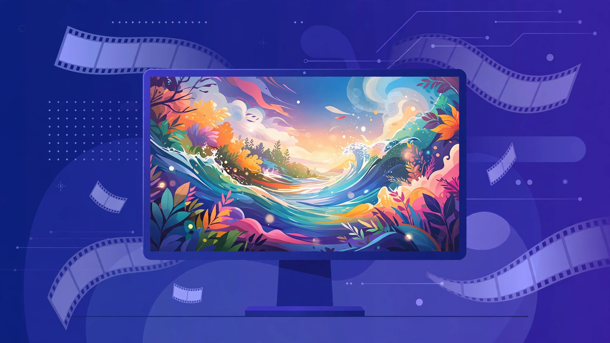 Mac displaying a colorful video as its screensaver