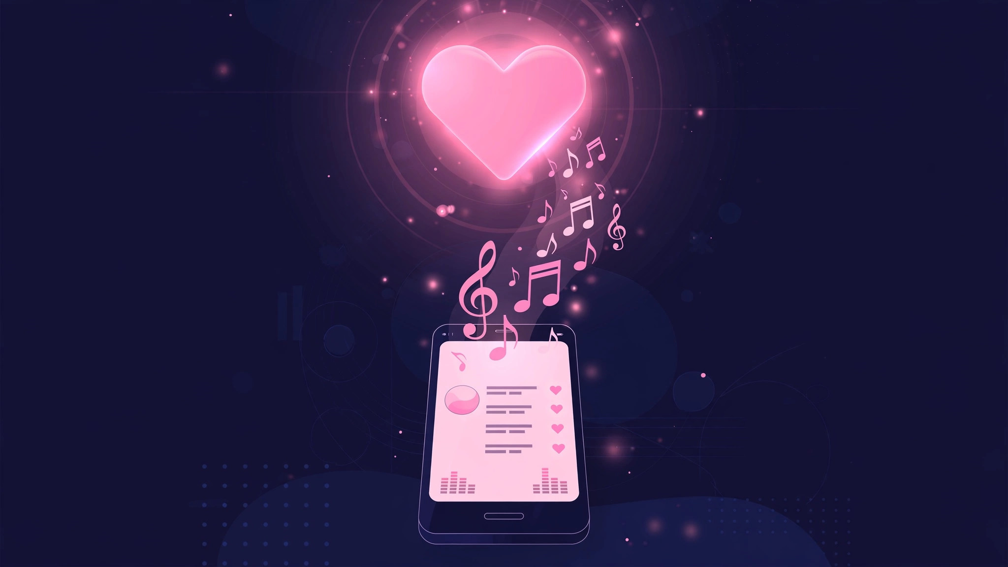 Apple Music favorites with a heart icon above an iPhone showing loved tracks
