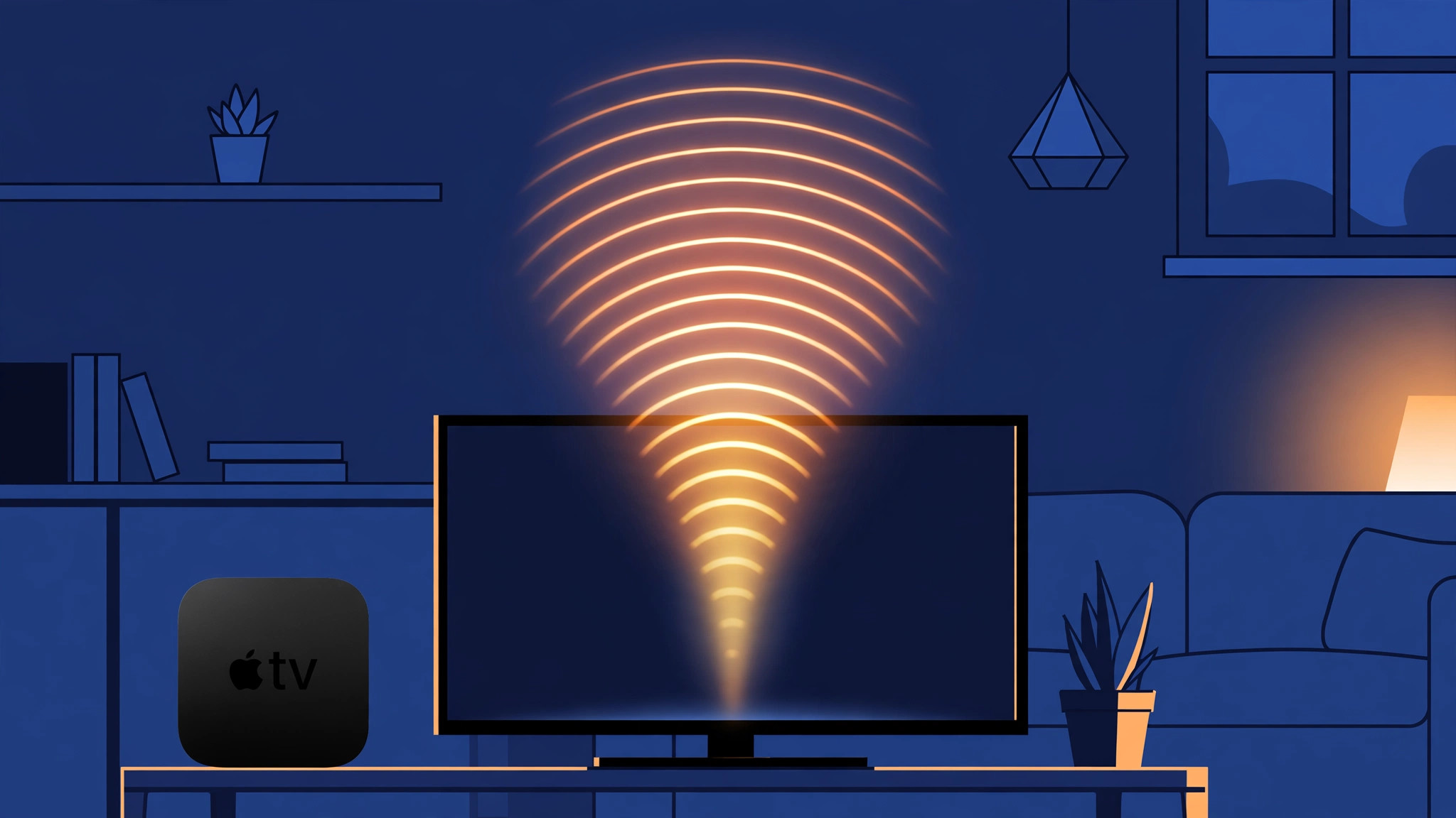 Apple TV waking up with a Siri voice command shown as sound waves