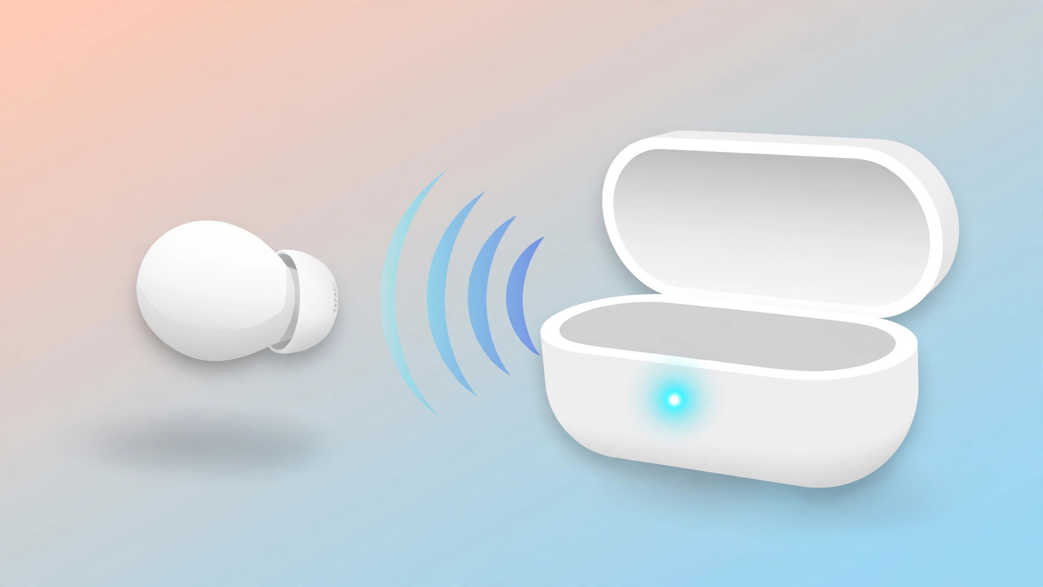One AirPod earbud and its open charging case with Bluetooth waves, illustrating a one-sided connection problem