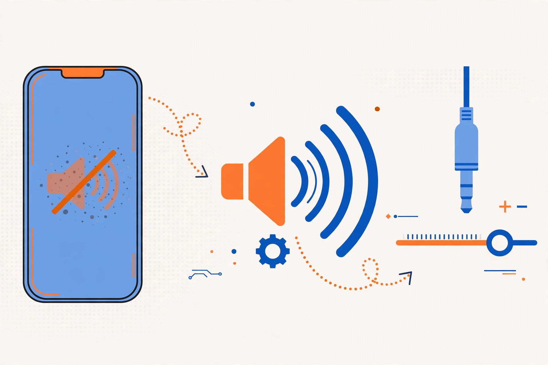 Illustration of an iPhone with a muted speaker icon and an unplugged earphone jack, showing audio stuck in headphone mode