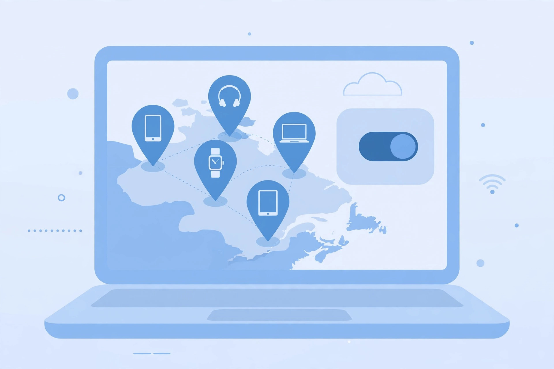 Illustration of device location pins on a map with a Find My toggle switch, showing how to remotely erase and remove an iPhone from iCloud to turn off Find My iPhone