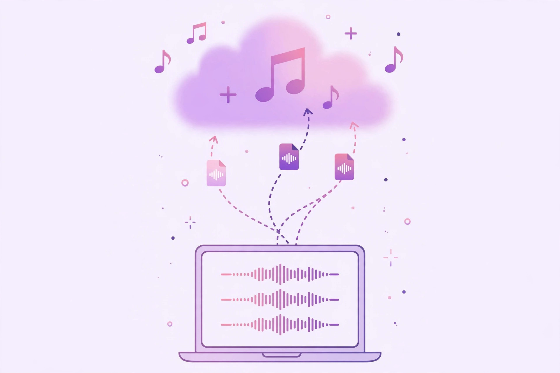 Illustration of music notes and audio files uploading into a purple cloud, representing adding personal tracks to the Apple Music library through Sync Library