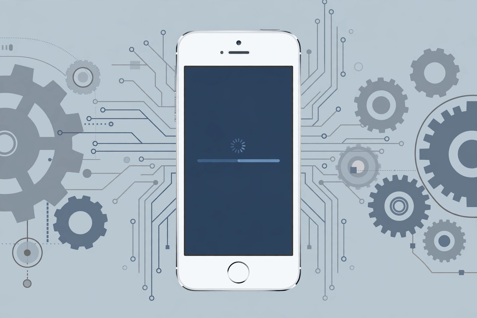 An iPhone 5s with an iOS update progress spinner on screen, surrounded by gears and circuit board graphics illustrating the iOS 9 to iOS 12 update decision
