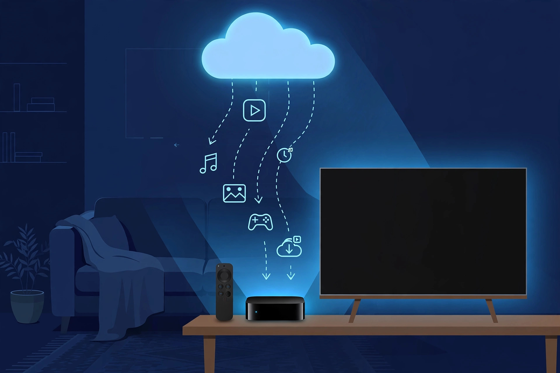 Illustration of a cloud downloading app icons to an Apple TV, representing automatic app installation