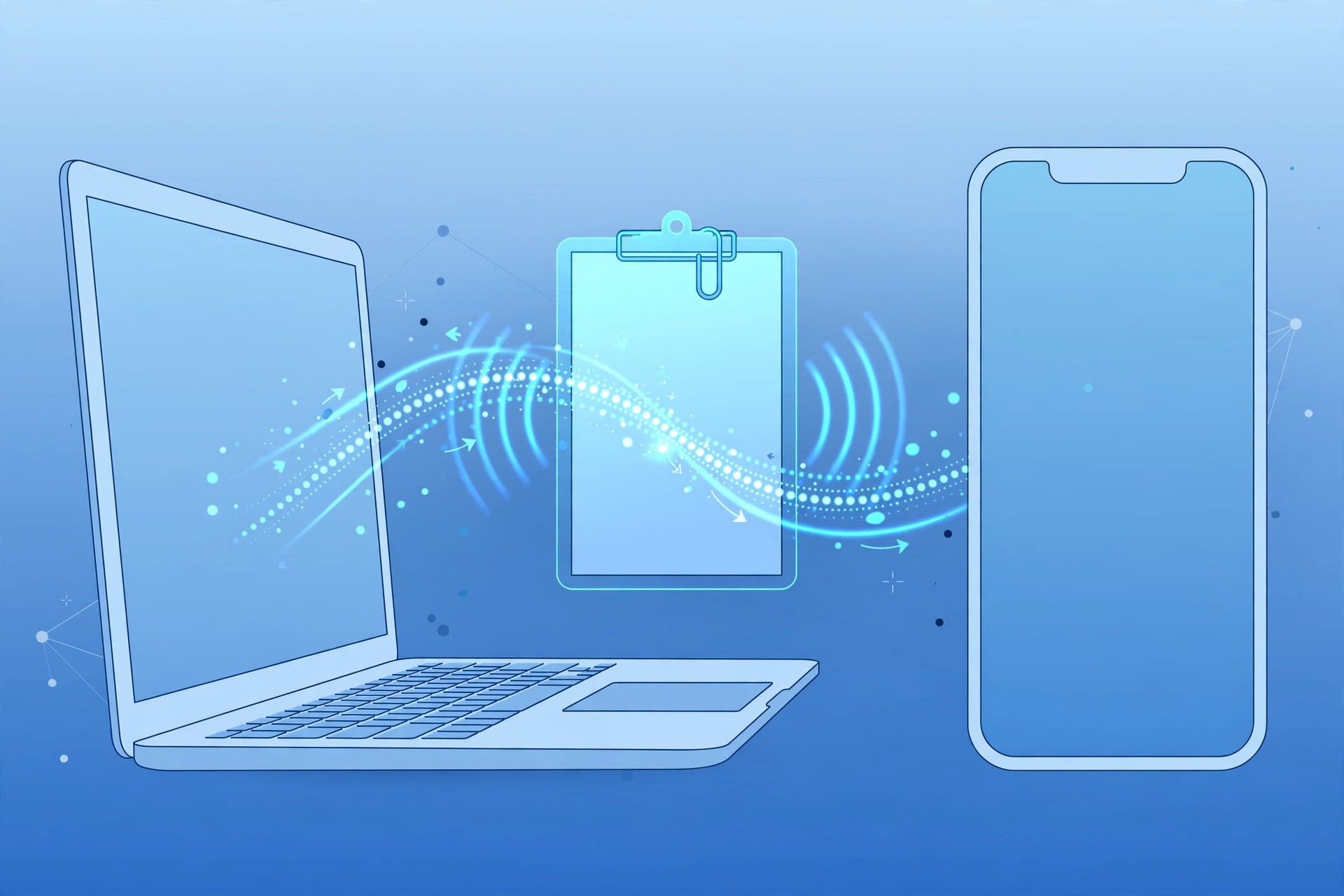 Illustration of an iPhone and a Mac sharing a clipboard, representing Universal Clipboard copy and paste between devices