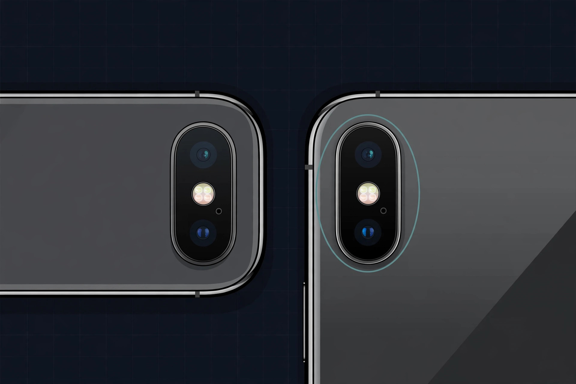 iPhone X and iPhone Xs side by side, highlighting antenna bands, bottom-edge speaker holes, and engraved model numbers