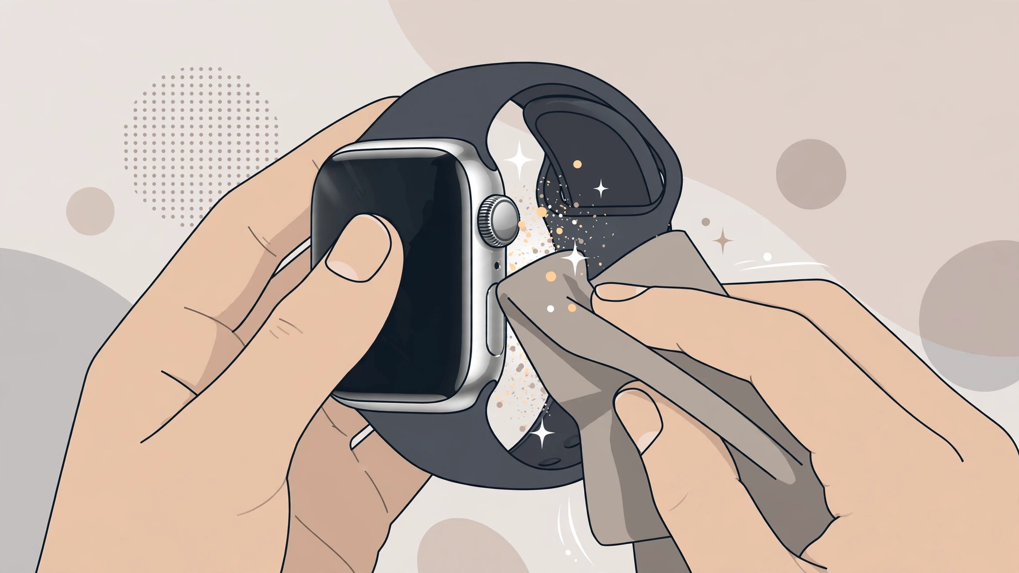 Hands polishing a stainless-steel Apple Watch case with a microfiber cloth and polishing paste