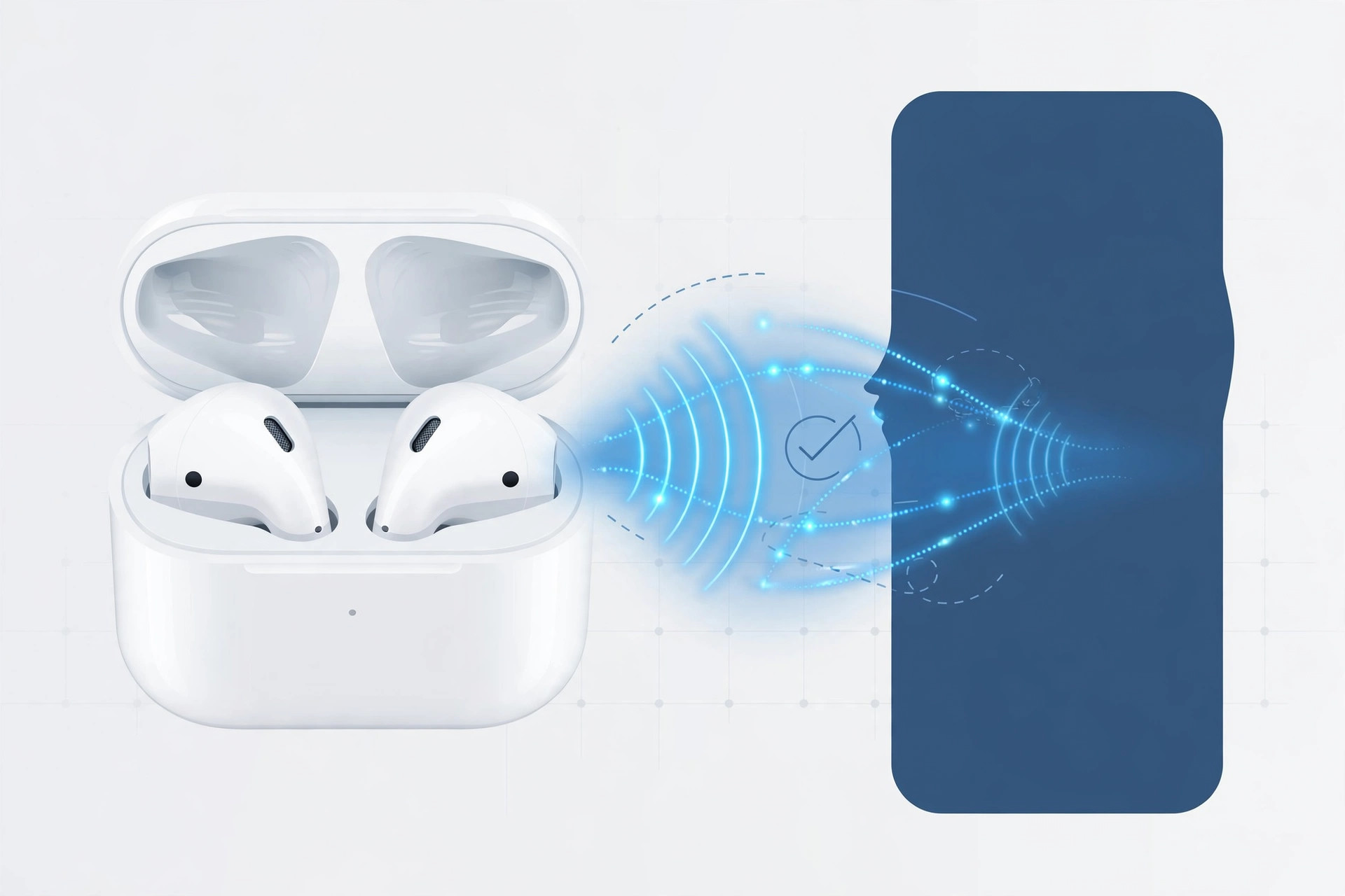 AirPods charging case with lid open next to an iPhone showing the pairing prompt
