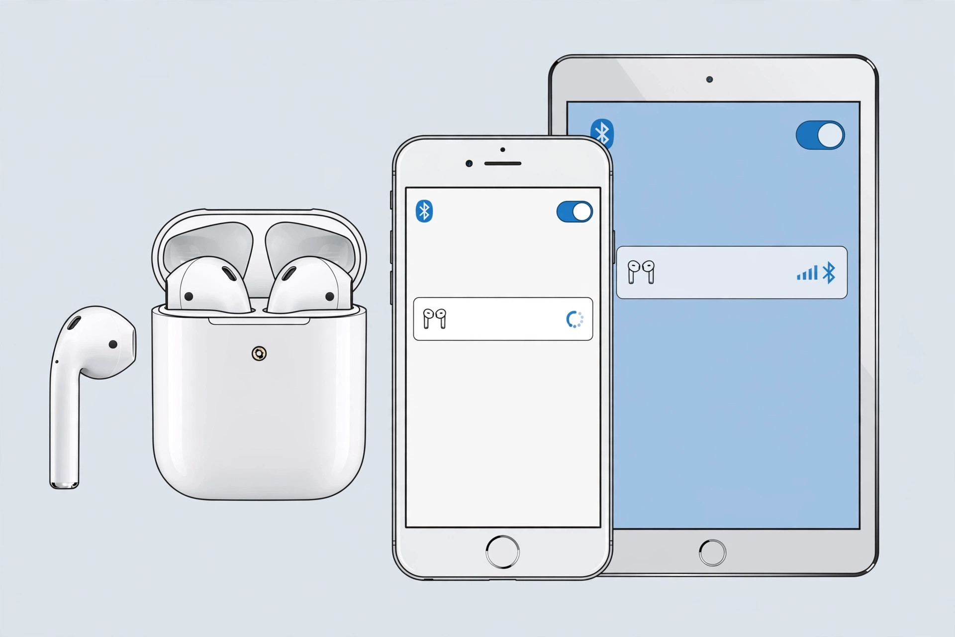 AirPods charging case with the lid open next to an older iPhone showing the Bluetooth settings screen
