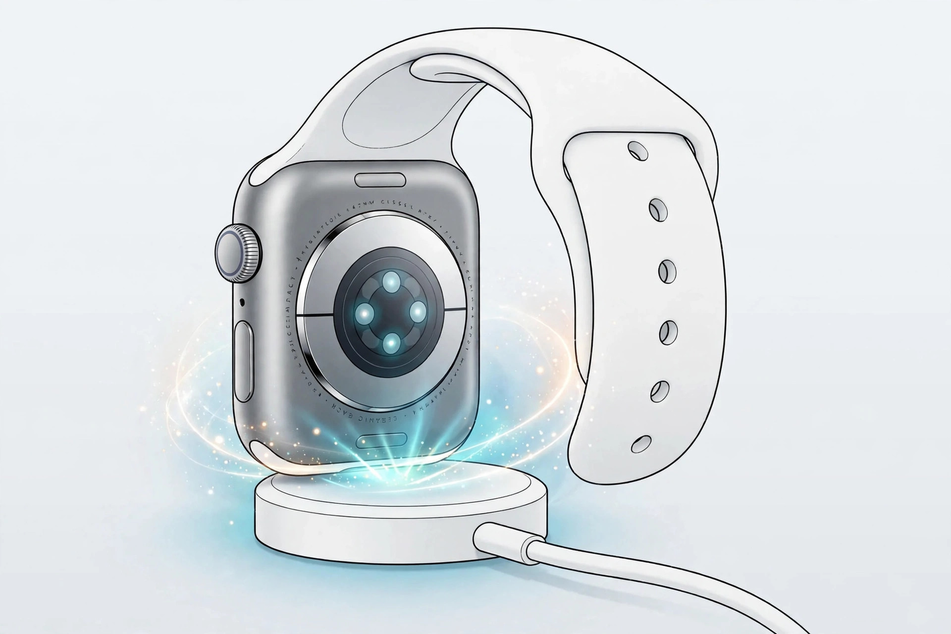 Apple Watch resting on its magnetic charging puck next to a flat Qi phone charging pad that cannot charge it