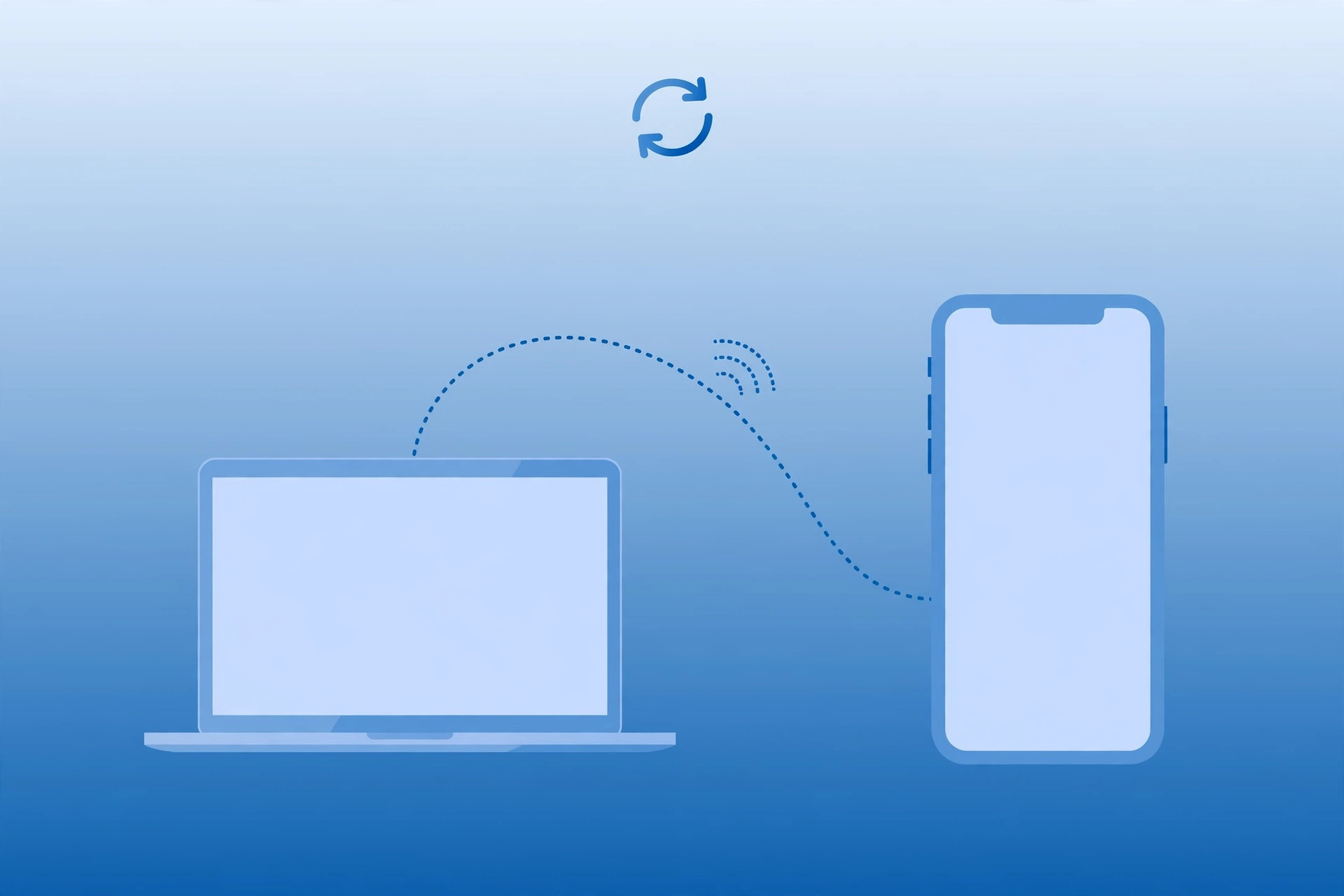 iPhone and Mac exchanging data through Handoff, illustrated with wireless signal graphics
