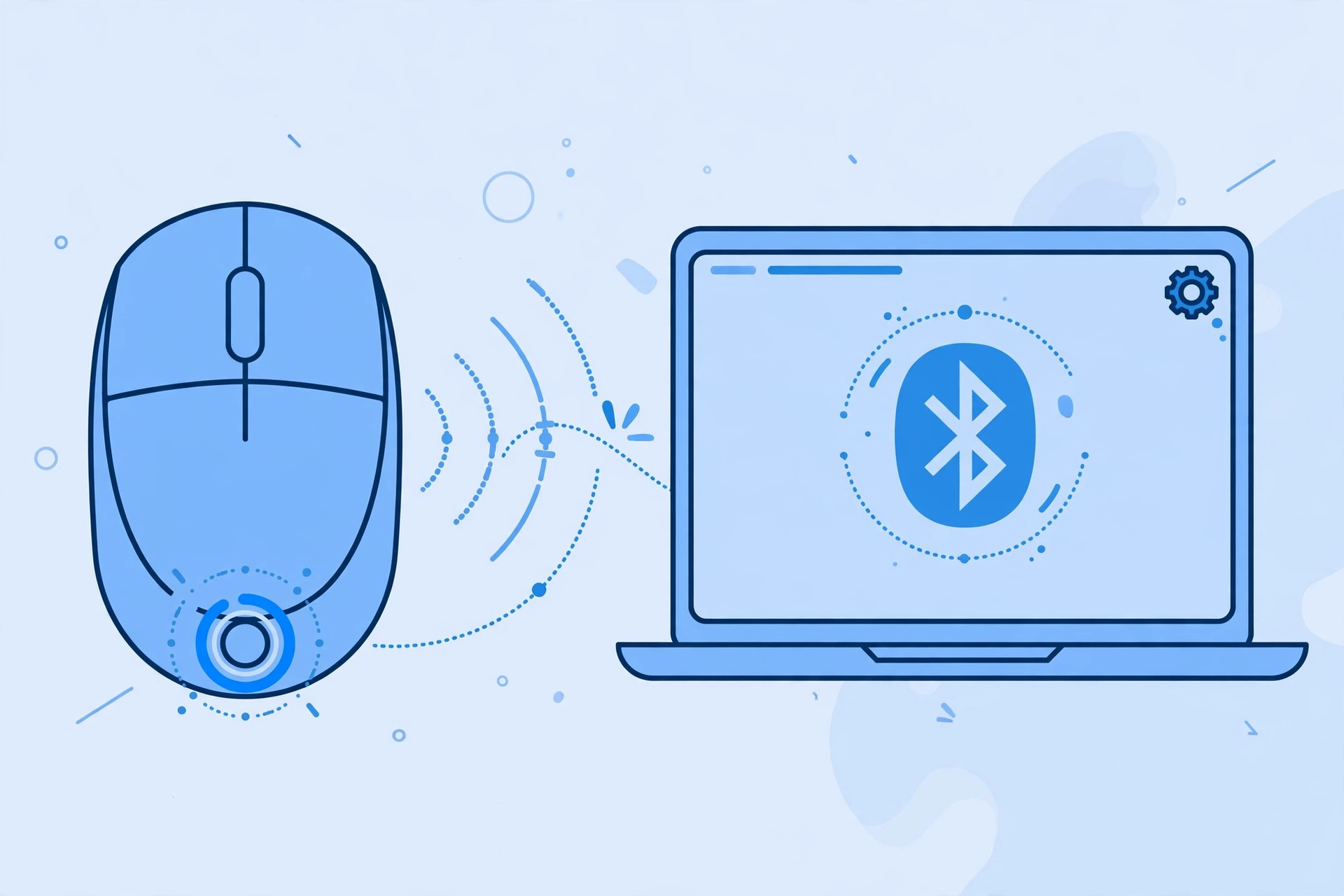 Wireless mouse next to a Mac laptop running Windows via Boot Camp with Bluetooth pairing screen